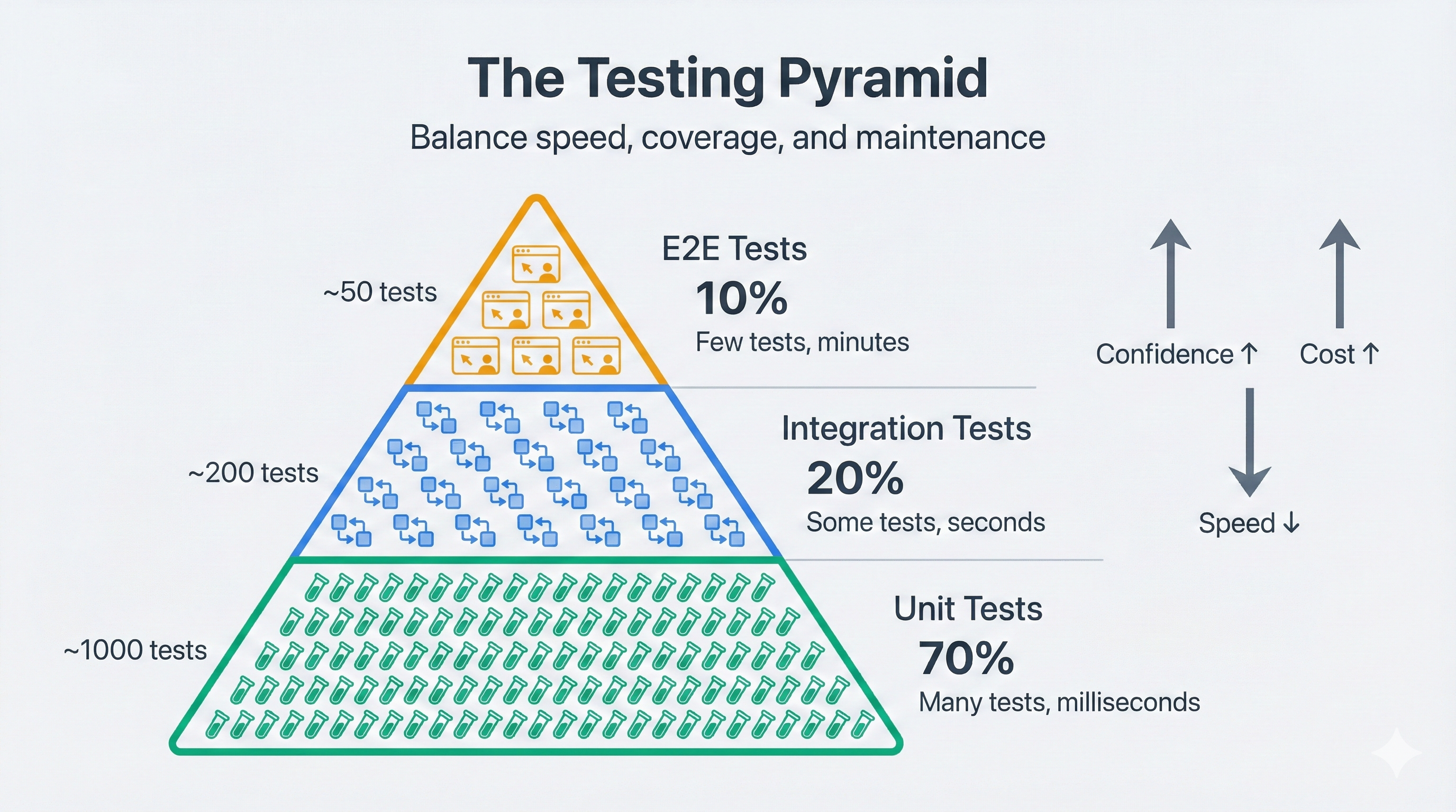 Testing pyramid diagram showing base layer "Unit Tests (70%)" with many fast tests, middle layer "Integration Tests (20%)" with moderate coverage, top layer "E2E Tests (10%)" with few critical paths. Arrow on right showing "Speed" decreasing and "Confidence" increasing from bottom to top
