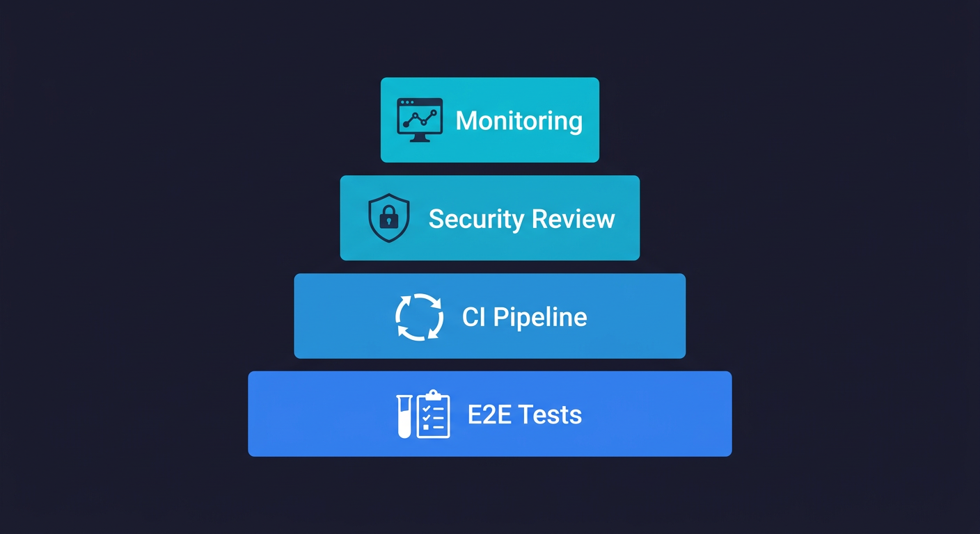 Vibe coding production readiness coverage stack shown as a pyramid with E2E Tests at the base, CI Pipeline, Security Review, and Monitoring at the top