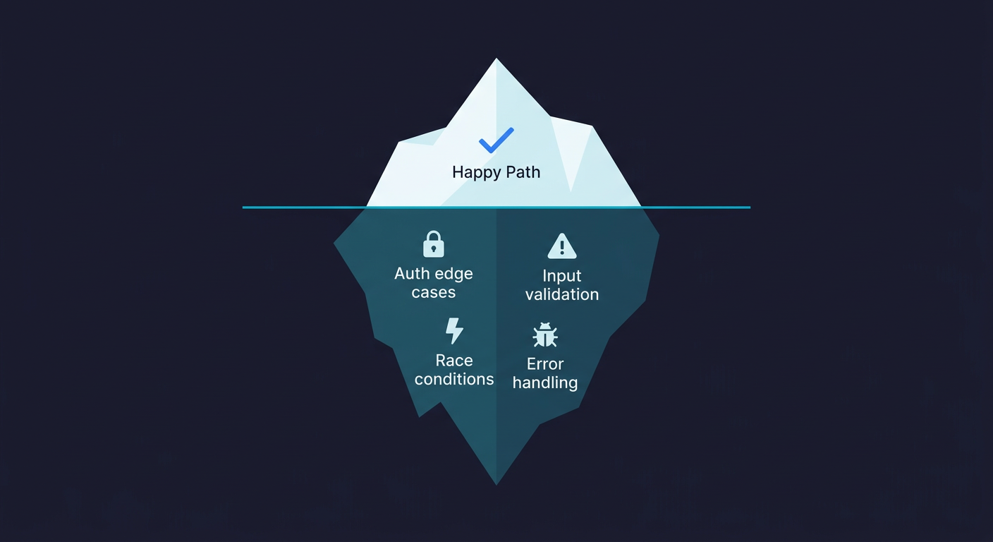 Iceberg diagram showing the happy path visible above the waterline while auth edge cases, input validation, race conditions, and error handling remain hidden below