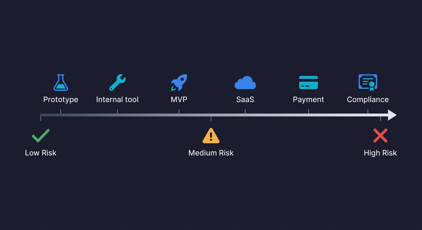 Risk spectrum for vibe coding production readiness showing common application types mapped from low risk prototypes to high risk payments and compliance