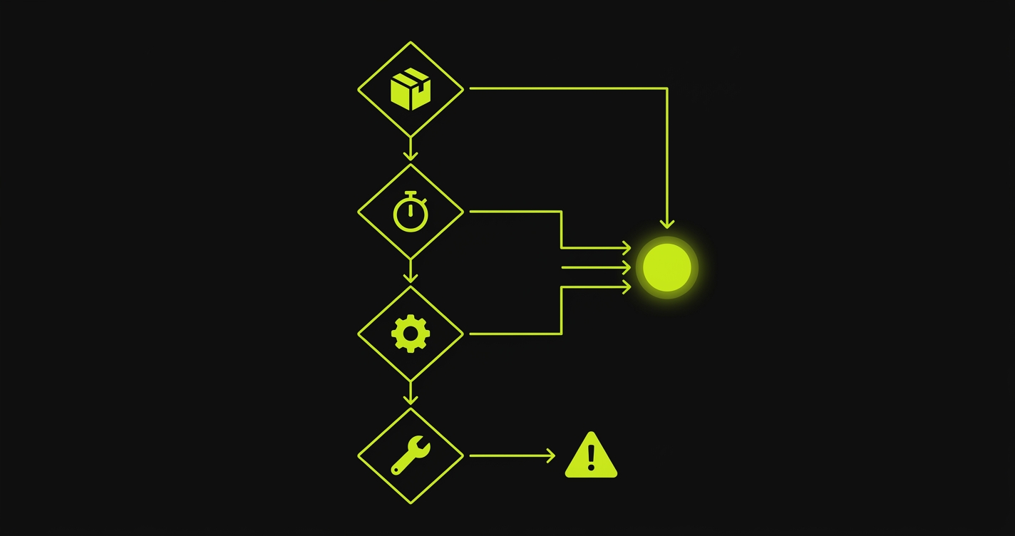 Flowchart showing four migration decision points converging to a go signal or caution warning