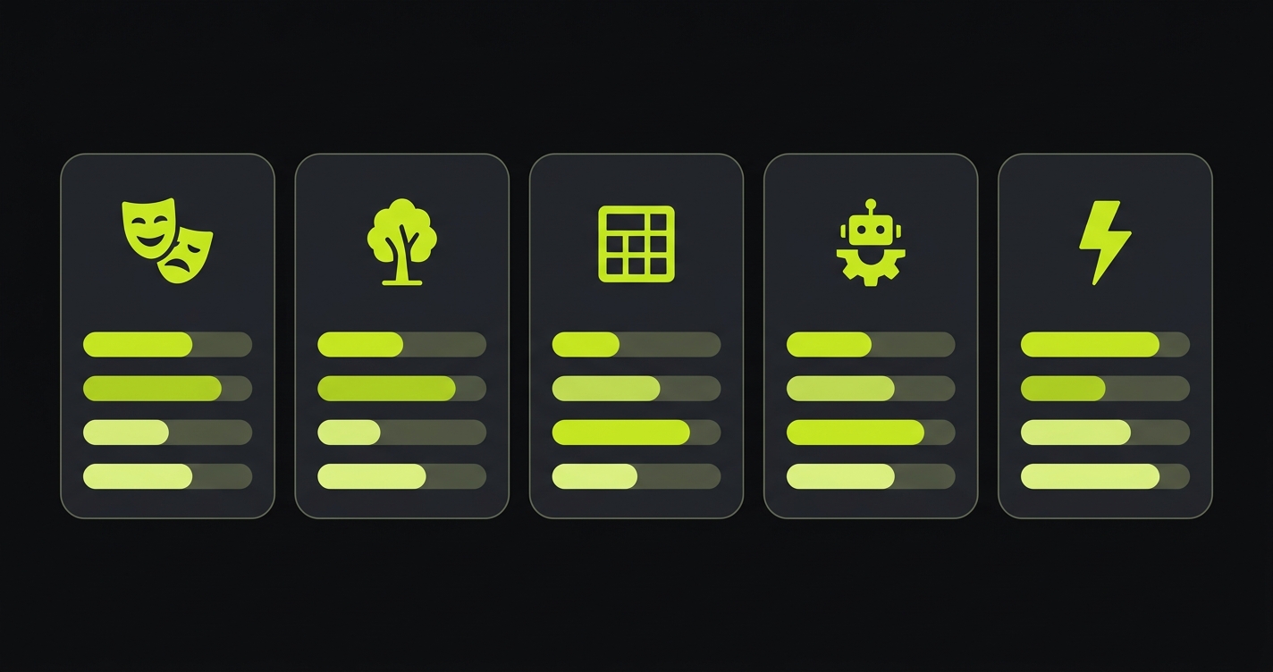 Five tool cards side by side showing relative capability bars for each Katalon alternative