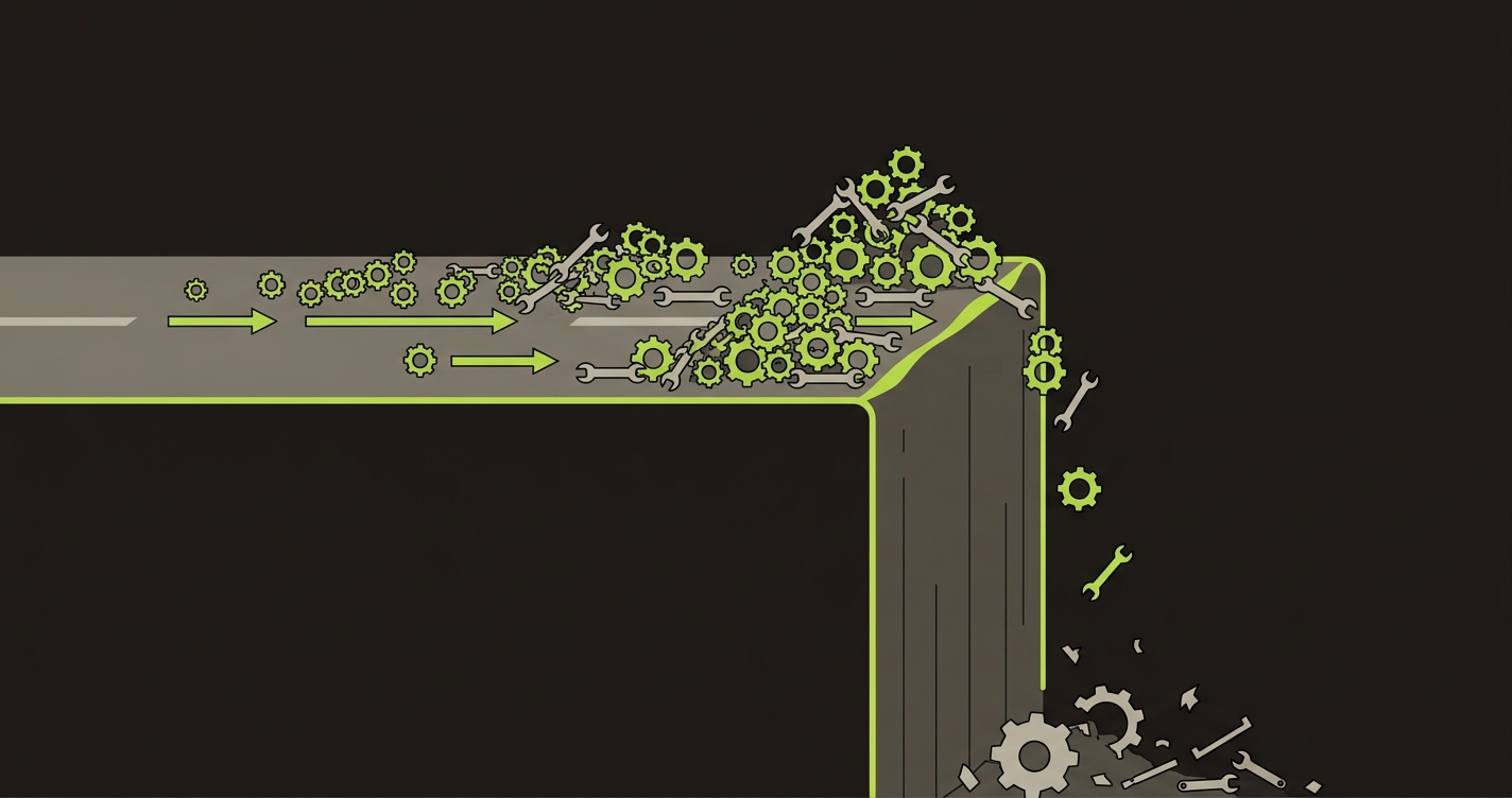 Visualization of the maintenance cliff concept showing gears and wrenches accumulating along a road that drops off a steep edge with broken pieces falling below