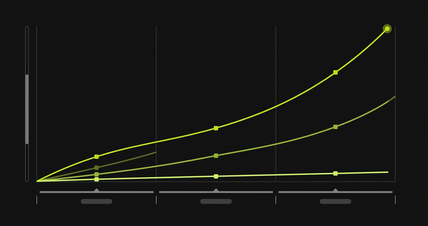Three cost trajectory lines diverging over three time periods showing manual QA costs rising steeply, traditional automation rising moderately, and AI-native testing staying flat