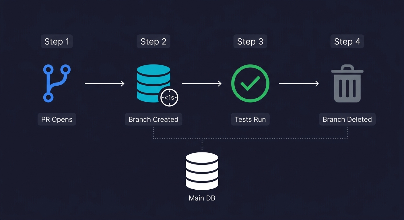 CI pipeline workflow showing four steps: PR Opens, Branch Created in under 1 second, Tests Run, and Branch Deleted, with a dotted line back to the Main DB
