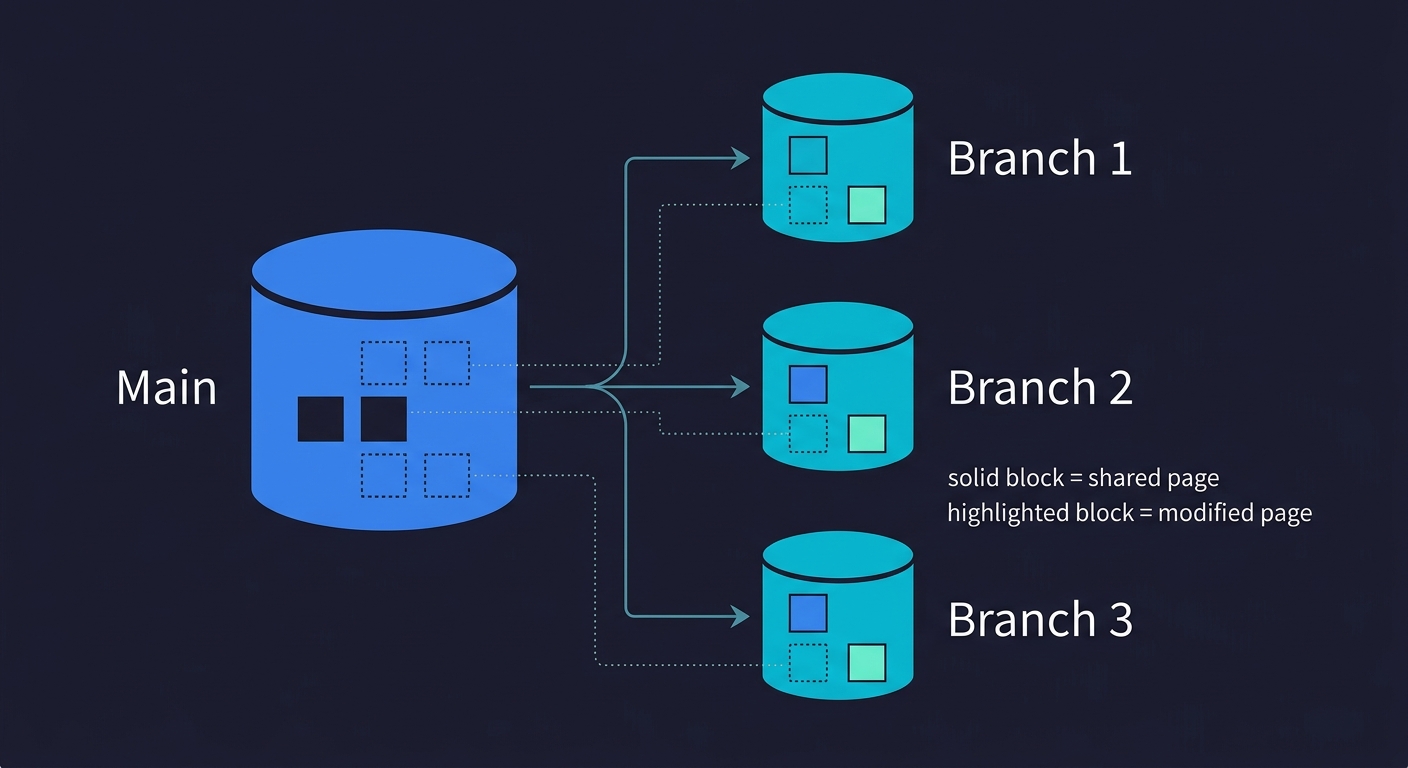 Copy-on-Write branching diagram showing a main database branching into three isolated branches that share pages with the parent and only store modified pages independently