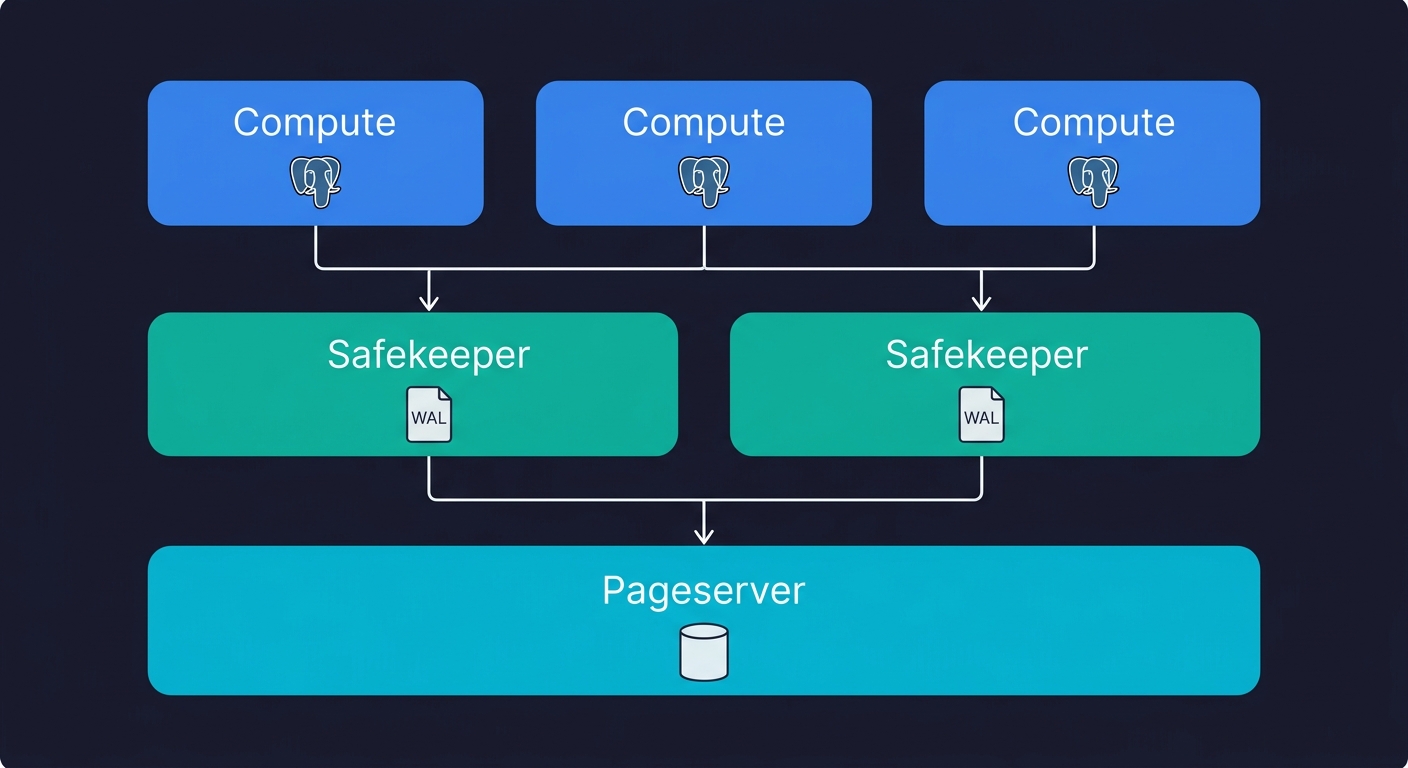 Neon three-layer architecture diagram showing Compute nodes at top, Safekeeper WAL nodes in the middle, and Pageserver storage at the bottom