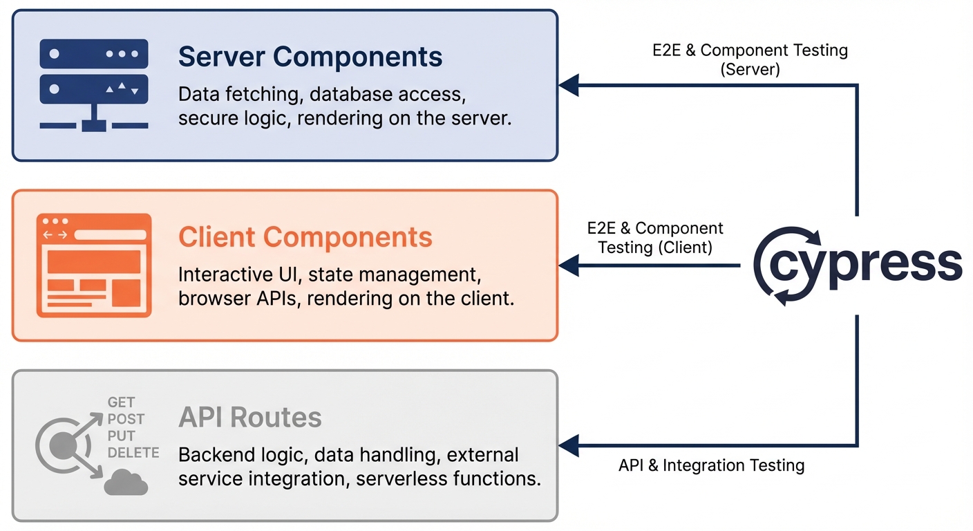 Next.js architecture for testing showing Server Components, Client Components, and API Routes with Cypress test integration