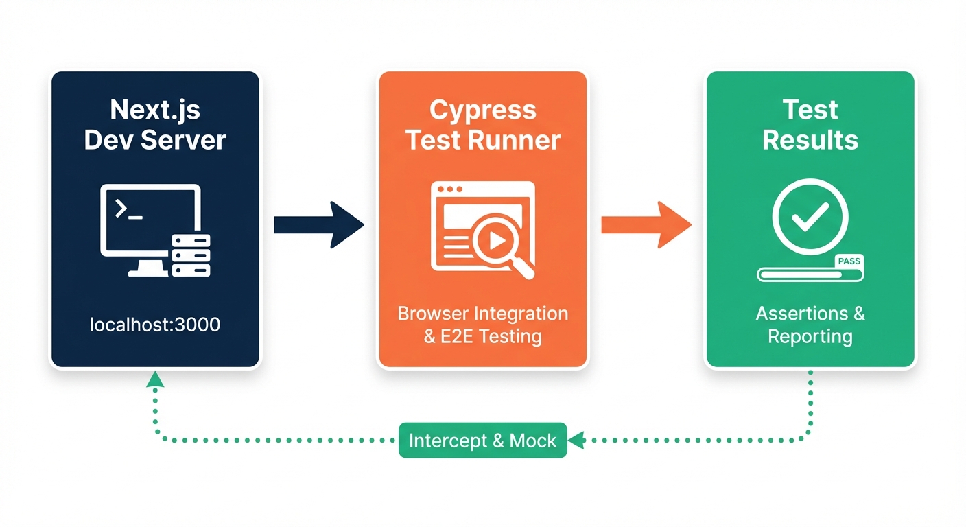 Cypress testing flow for Next.js apps showing dev server, test runner, and results with API mocking