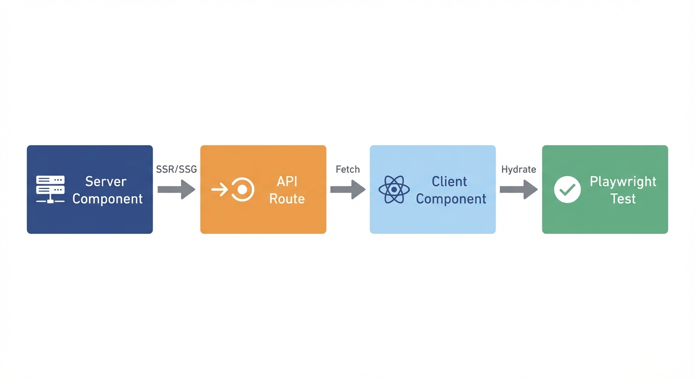 App Router workflow diagram showing Server Components, API routes, and Client Components with test points