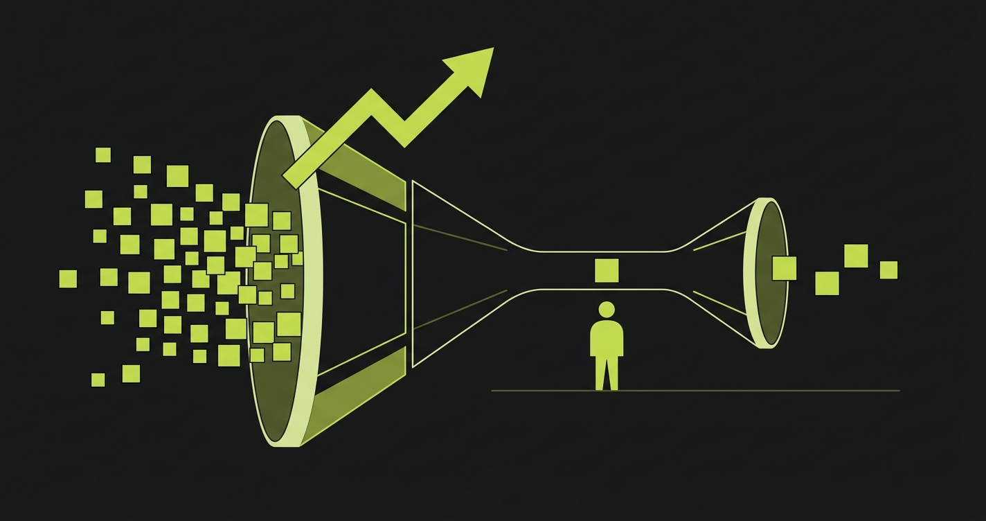 Funnel diagram showing high code velocity narrowing through a manual test authoring bottleneck, with far less test coverage emerging on the other side