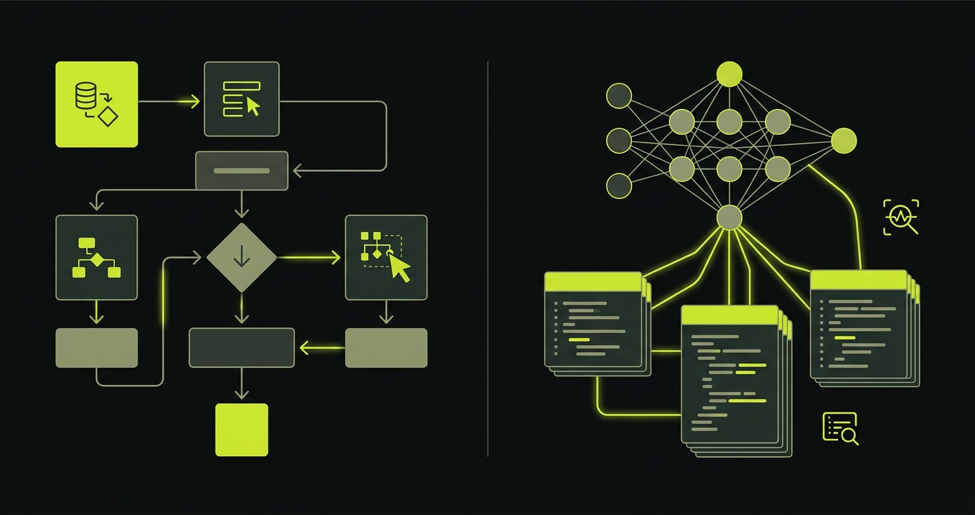 Diagram comparing model-based codeless testing approach versus AI-driven code-reading approach to test automation