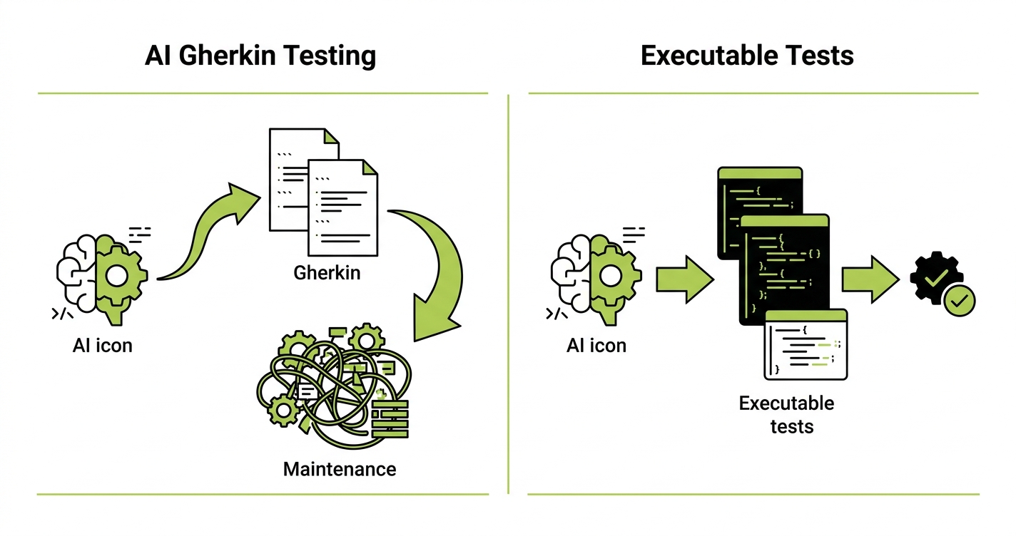 Diagram comparing Cucumber-based AI testing approach versus direct AI executable test generation