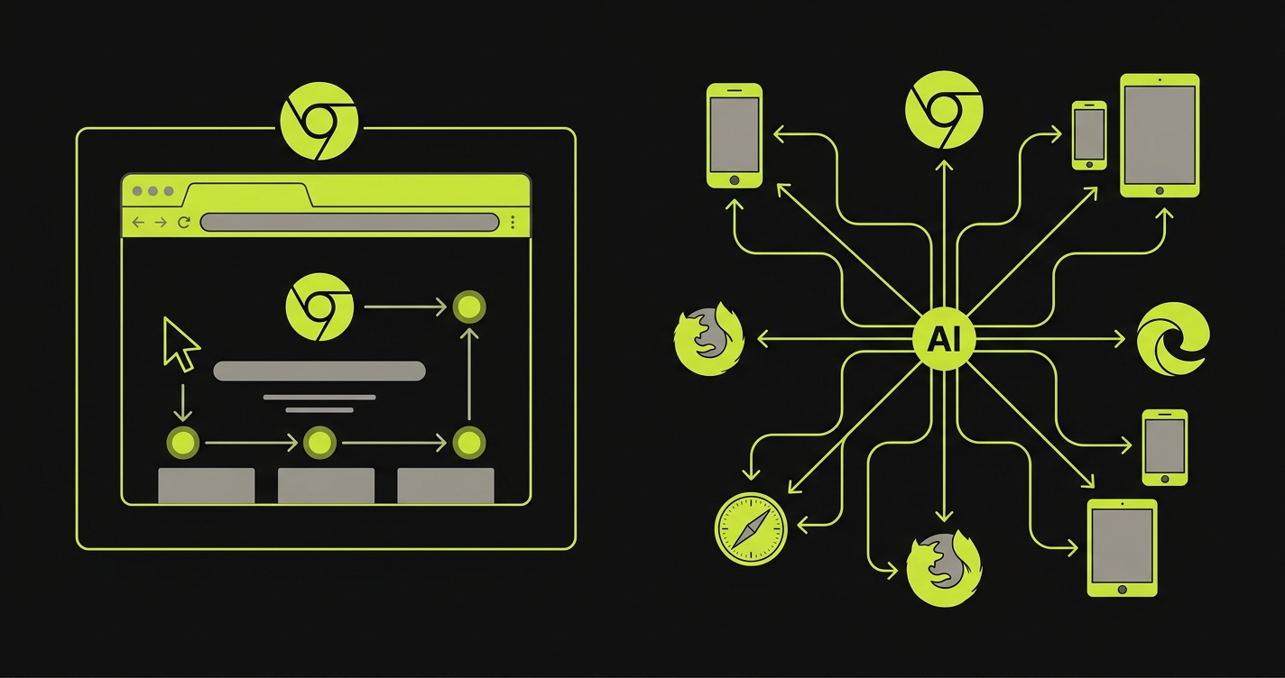 Diagram comparing Chrome-only recorder approach versus AI-powered cross-browser testing