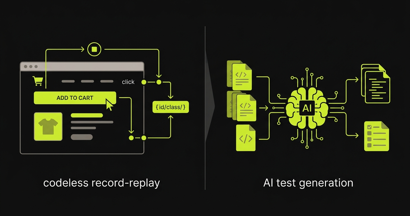 Diagram comparing codeless record-replay testing versus AI-powered test generation approaches