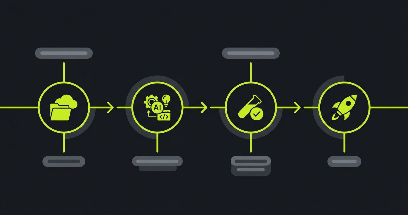 Timeline showing four migration phases from Drizz to Autonoma: connect repo, AI generates tests, validate coverage, go live