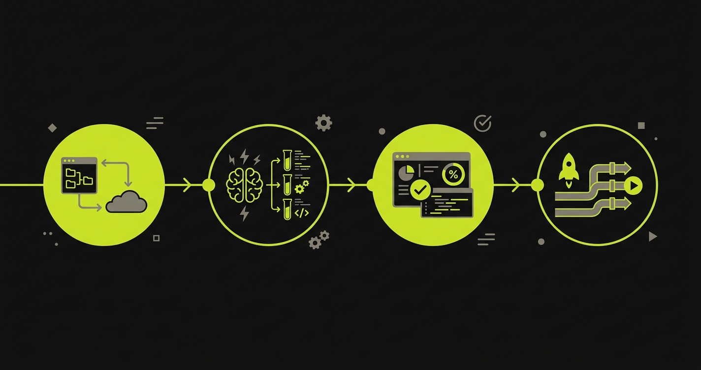 Timeline showing four migration phases: connect repo, AI generates tests, validate coverage, go live