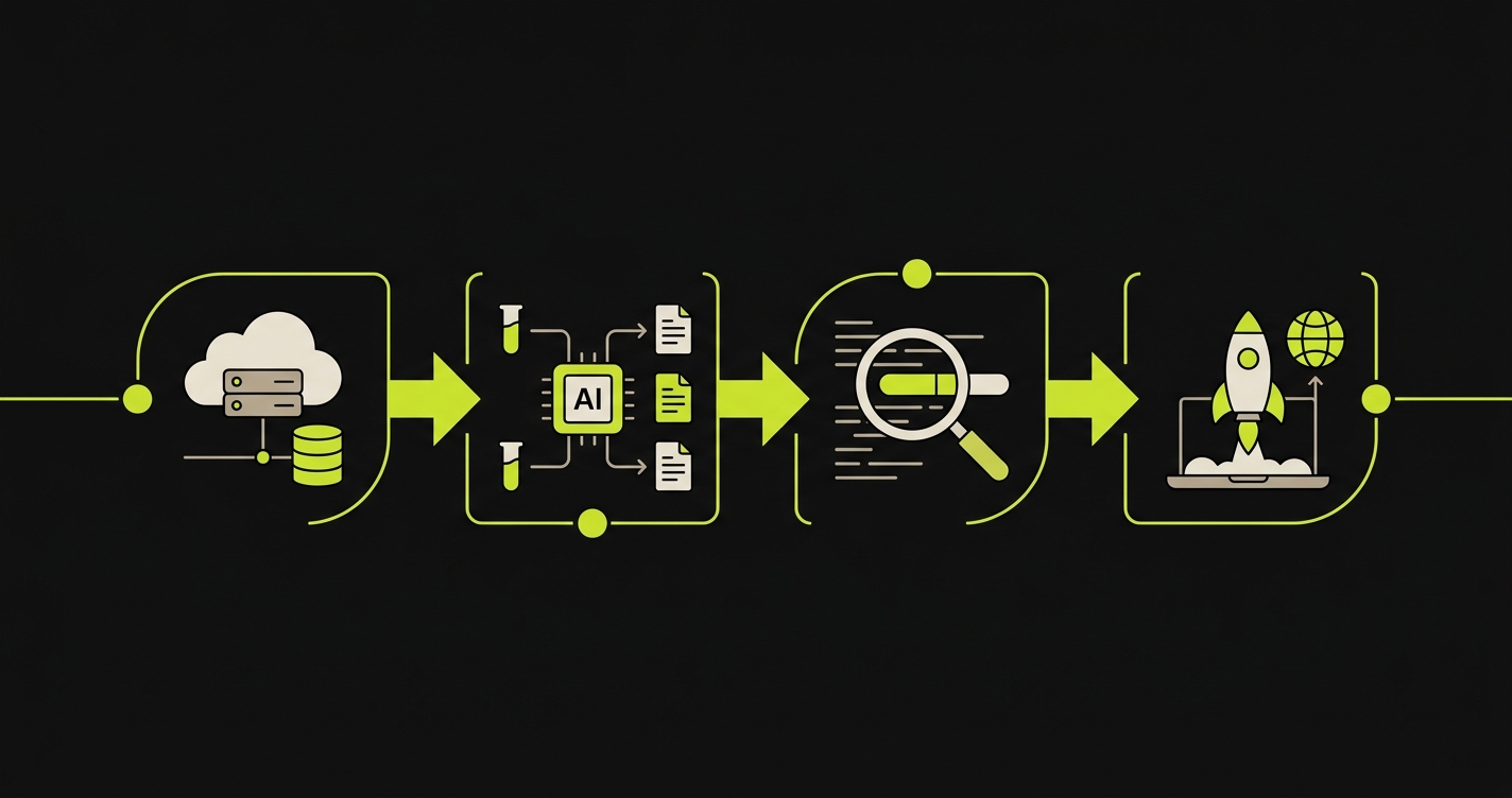 Timeline showing 4 migration phases: Connect Repo, AI Generates Tests, Validate Coverage, Go Live