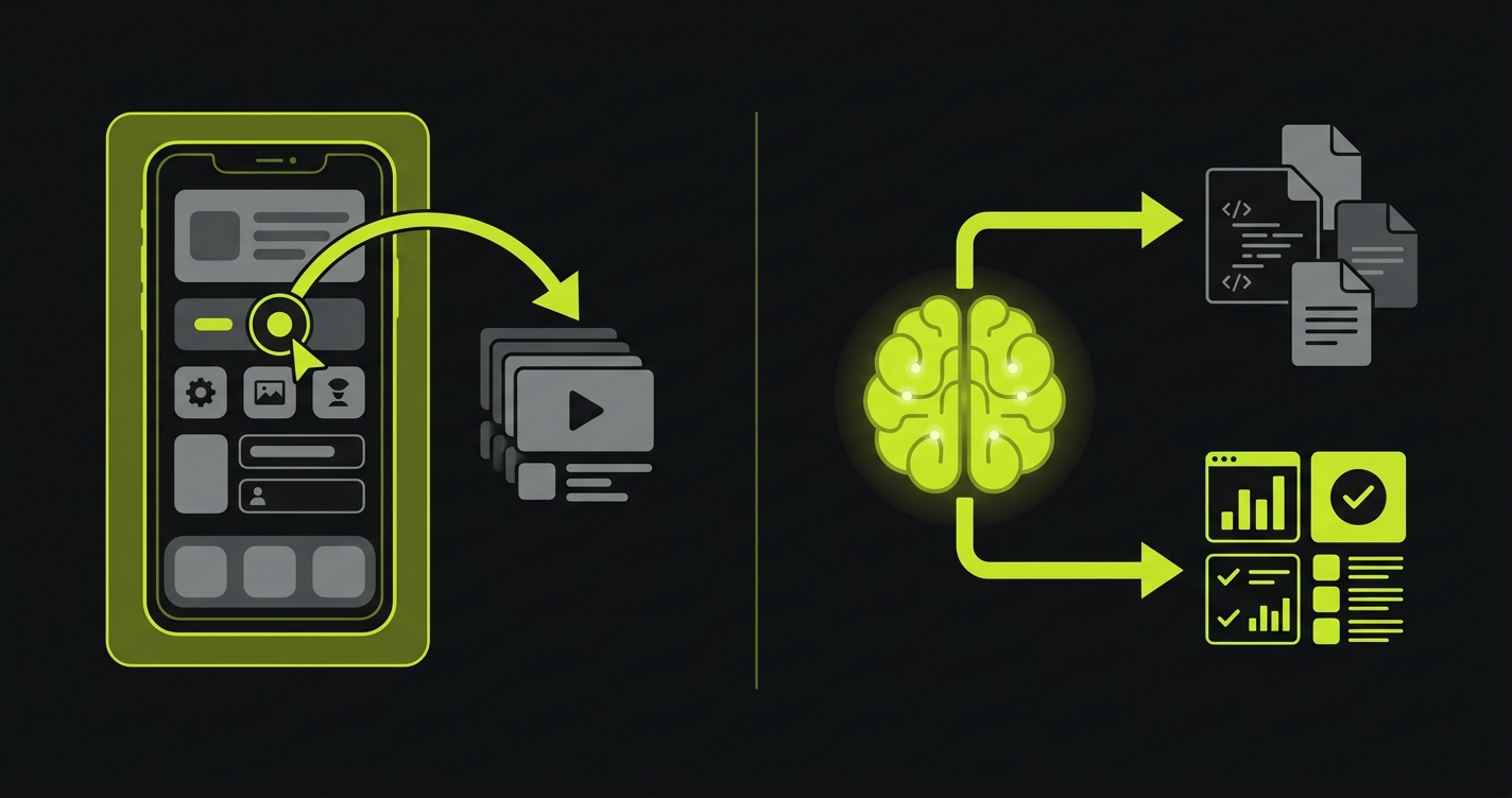 Diagram comparing Kobiton record-and-replay testing approach versus Autonoma AI-powered test generation