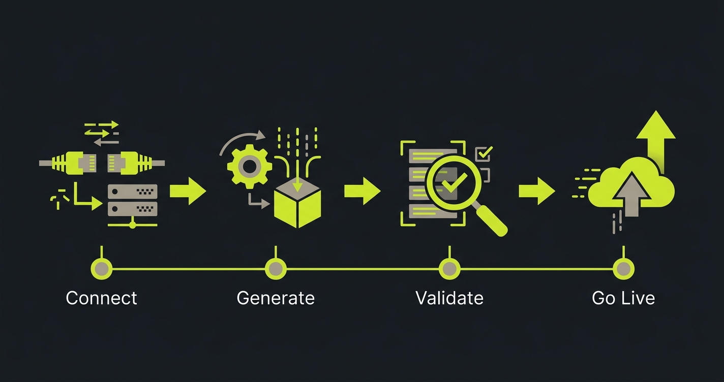 Timeline showing four migration phases: Connect Repo, AI Generates Tests, Validate Coverage, Go Live