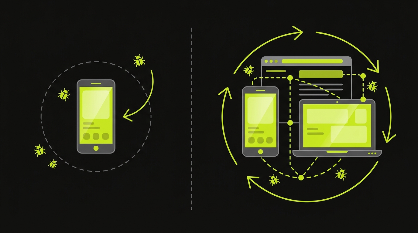 Diagram comparing mobile-only AI QA testing approach versus full-platform AI testing covering both web and mobile