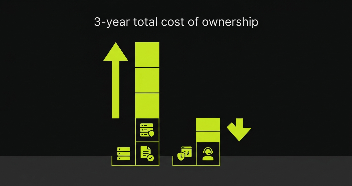 Bar chart comparing 3-year total cost of ownership between Perfecto enterprise licensing and Autonoma open source