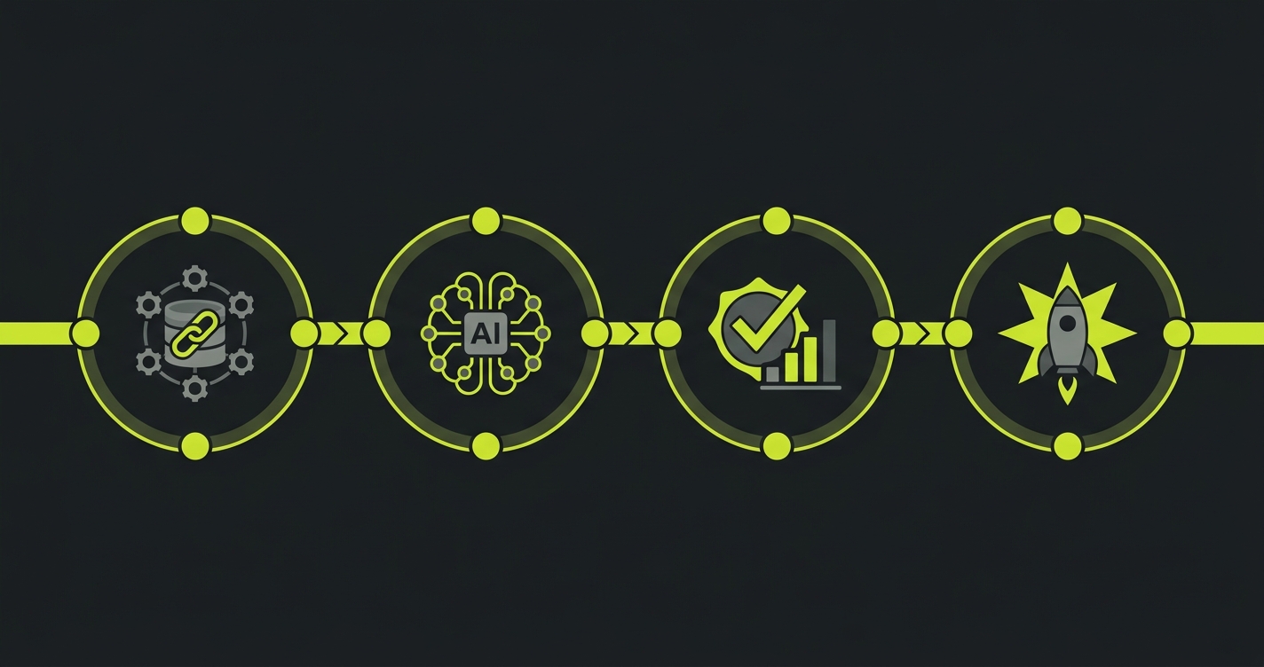 Timeline showing 4 migration phases: Connect Repo, AI Generates Tests, Validate Coverage, Go Live