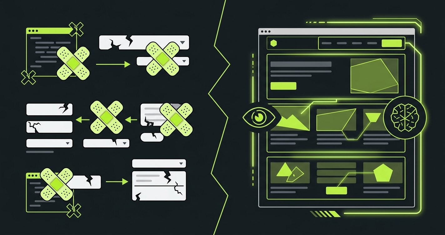 Diagram comparing Perfecto's locator-patching self-healing approach versus Autonoma's AI vision-based self-healing that understands the full page