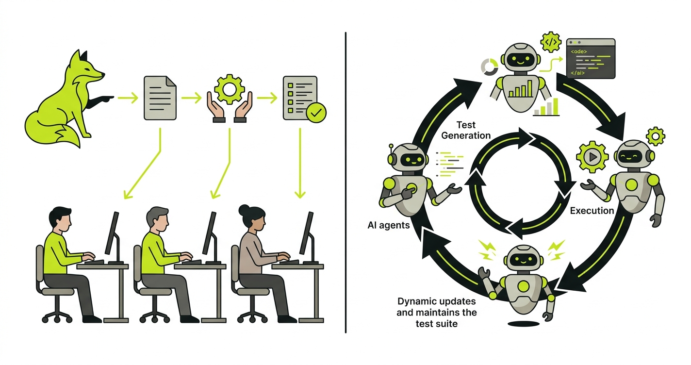 Diagram comparing Smart Fox AI assistant approach versus autonomous AI agents for test lifecycle management