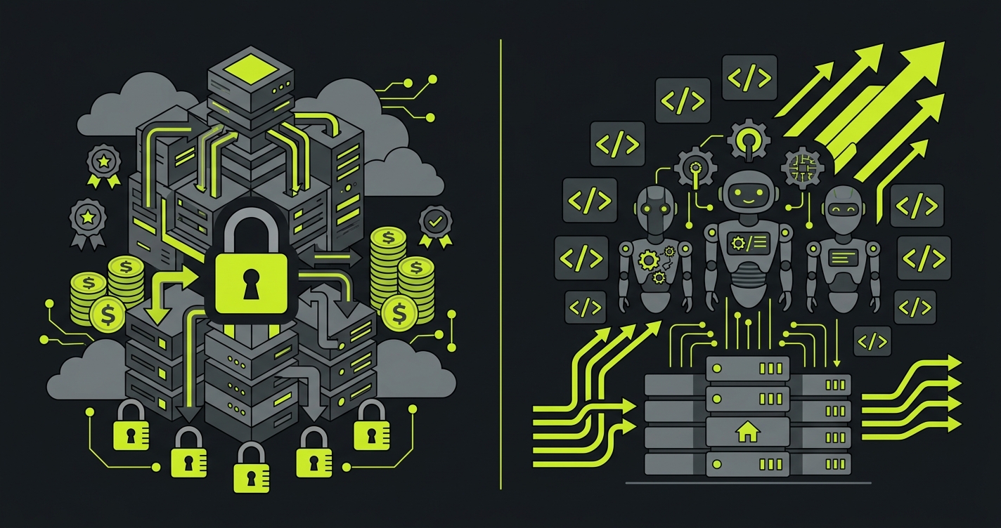 Diagram comparing enterprise proprietary testing architecture versus open source AI-native testing approach