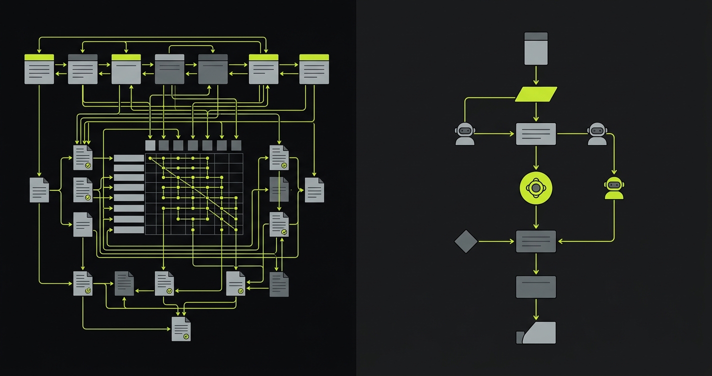 Diagram comparing ALM heavyweight process vs lightweight AI autonomous testing