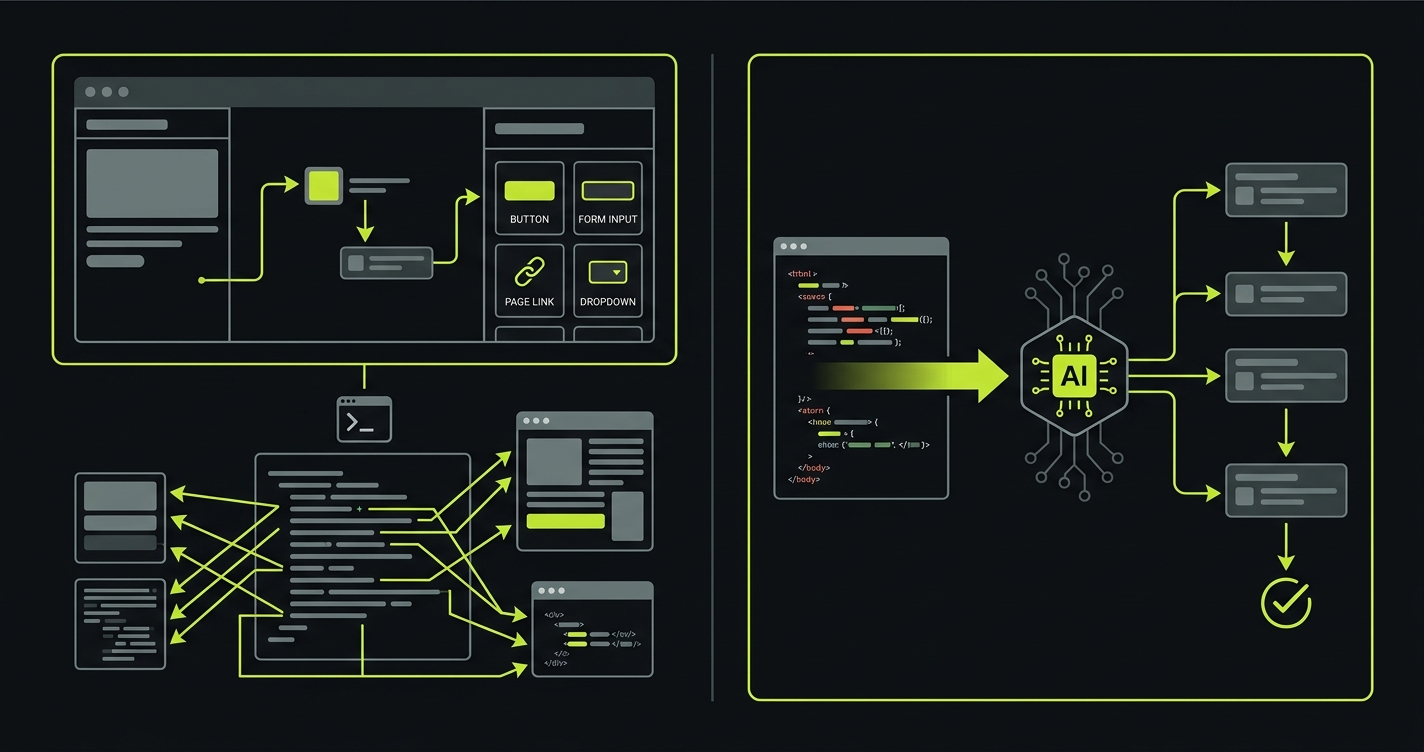 Diagram comparing visual Selenium builder approach versus AI-native testing approach