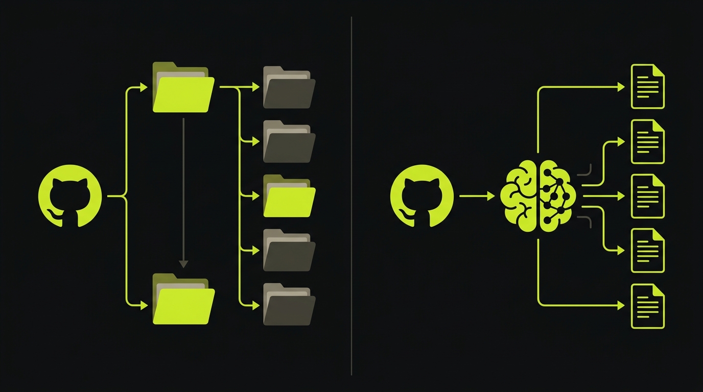 Diagram comparing GitHub-native test storage versus AI-powered test generation approaches