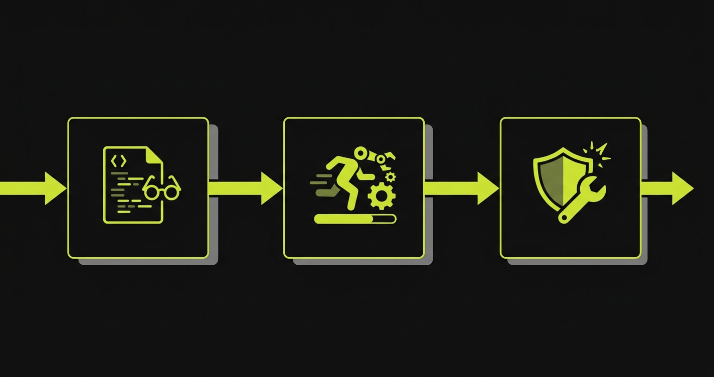 Diagram of three AI agents in a pipeline: Planner reads code, Automator executes tests, Maintainer heals failures