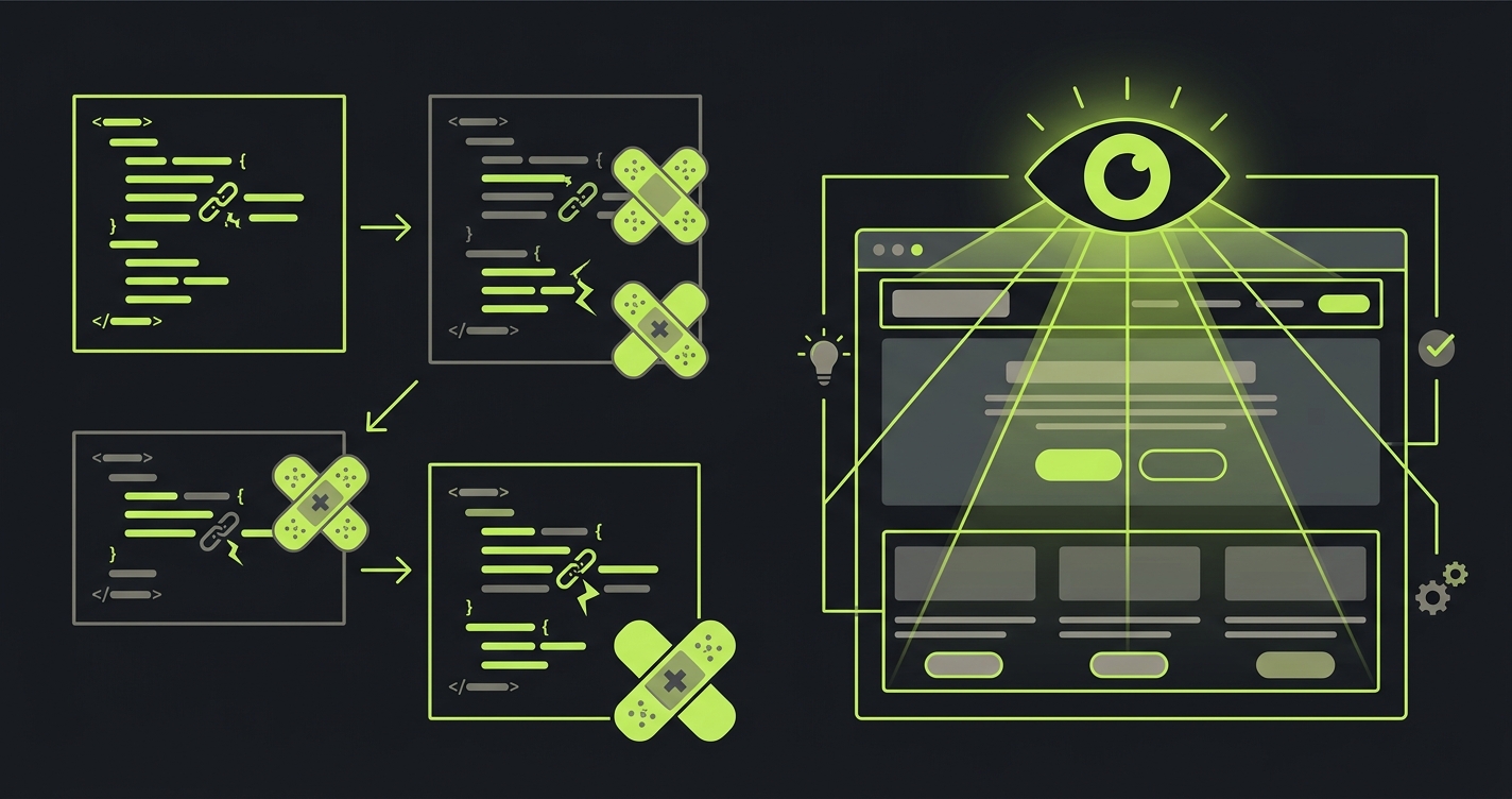 Selector-based healing with broken CSS selectors being patched versus AI vision understanding page intent