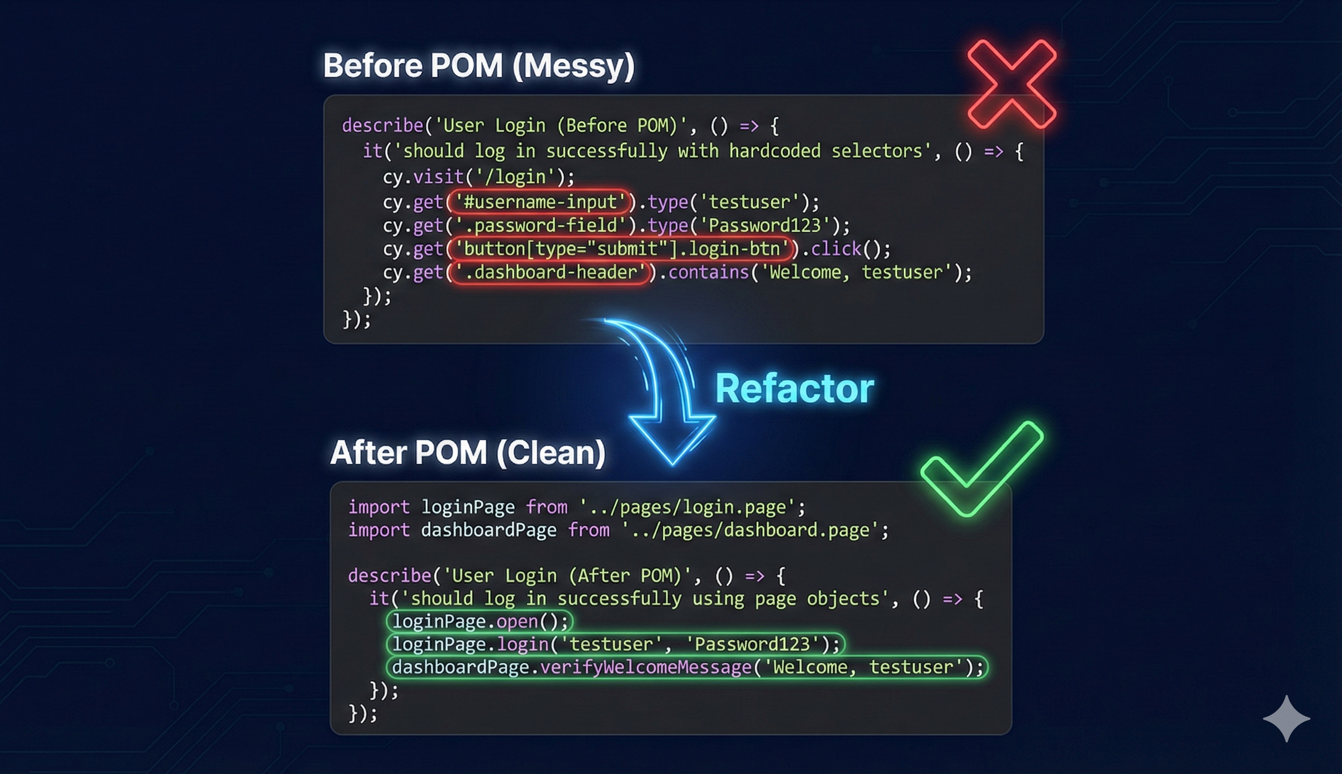 Before/After code comparison showing messy test with hardcoded selectors vs clean test using page objects