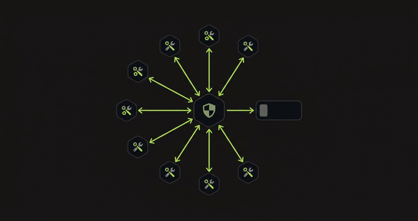 Orchestration layer diagram: a central verification hub between agents and the merge queue, with arrows showing all PRs passing through behavioral verification before reaching main
