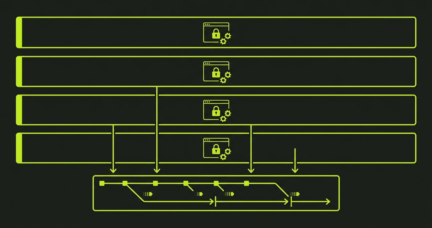 Diagram showing 4 agent branches in isolated swim lanes, all starting from the same frozen base snapshot, converging into a single serialized merge queue