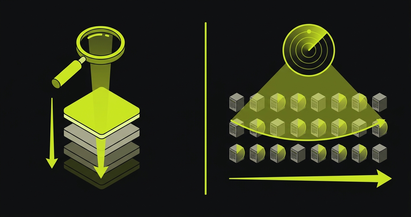 Penetration testing versus vulnerability scanning comparison showing deep manual investigation on one side and automated scanning on the other