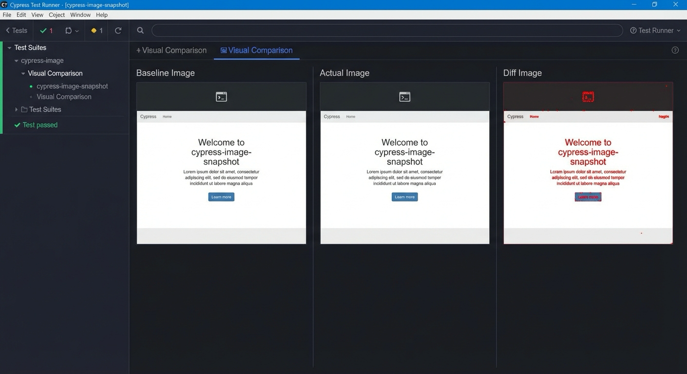Cypress visual testing with image snapshot plugin showing diff output