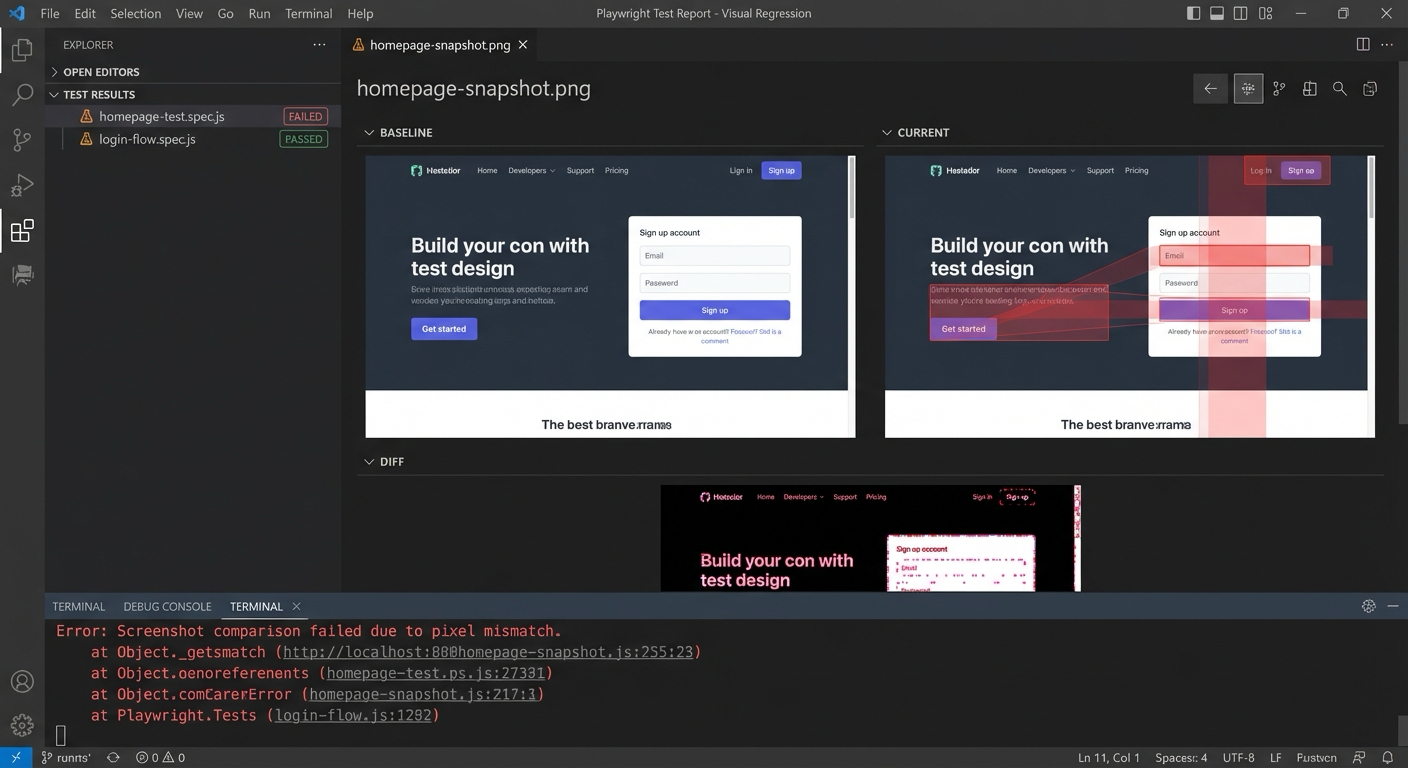 Playwright visual regression test report showing screenshot comparison