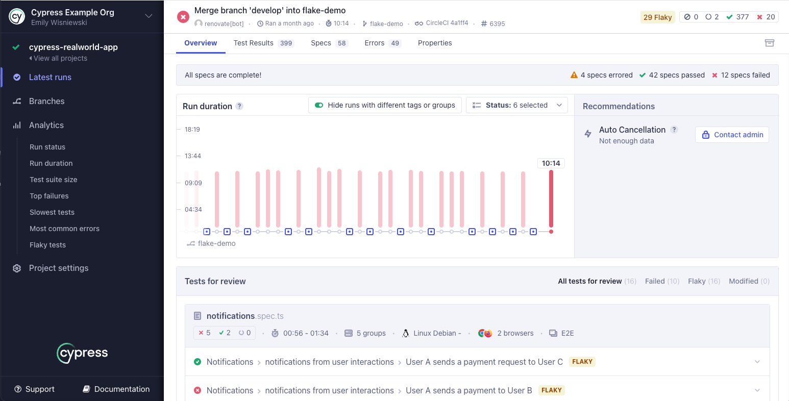 Cypress test runner interface showing time-travel debugging