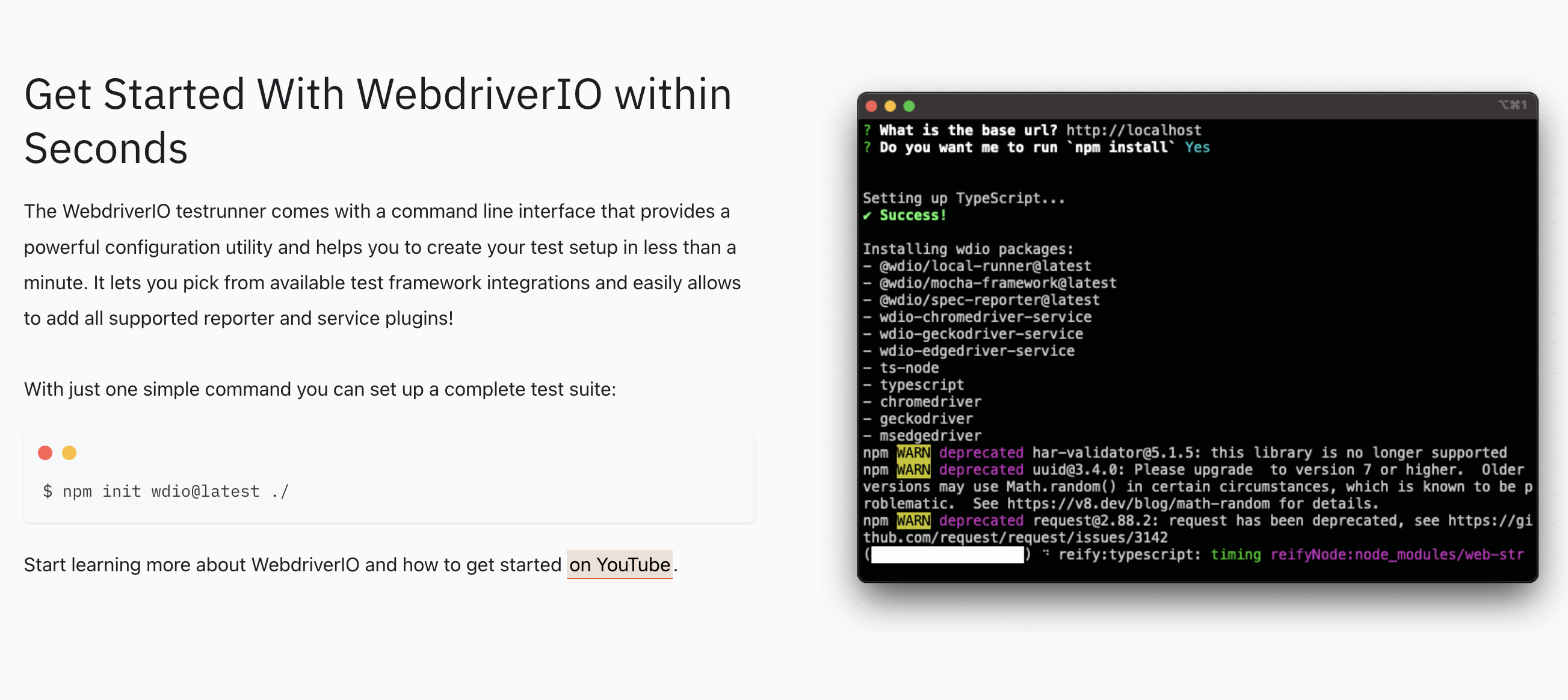 WebdriverIO test execution with modern JavaScript API