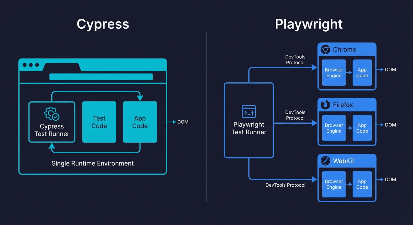 Architecture comparison: Cypress runs inside the browser while Playwright controls the browser externally via DevTools Protocol