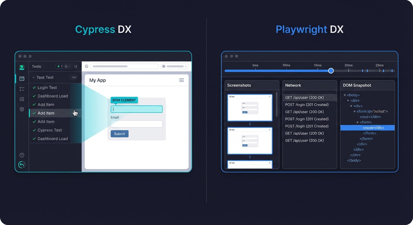 Developer experience comparison: Cypress interactive test runner versus Playwright UI mode and trace viewer