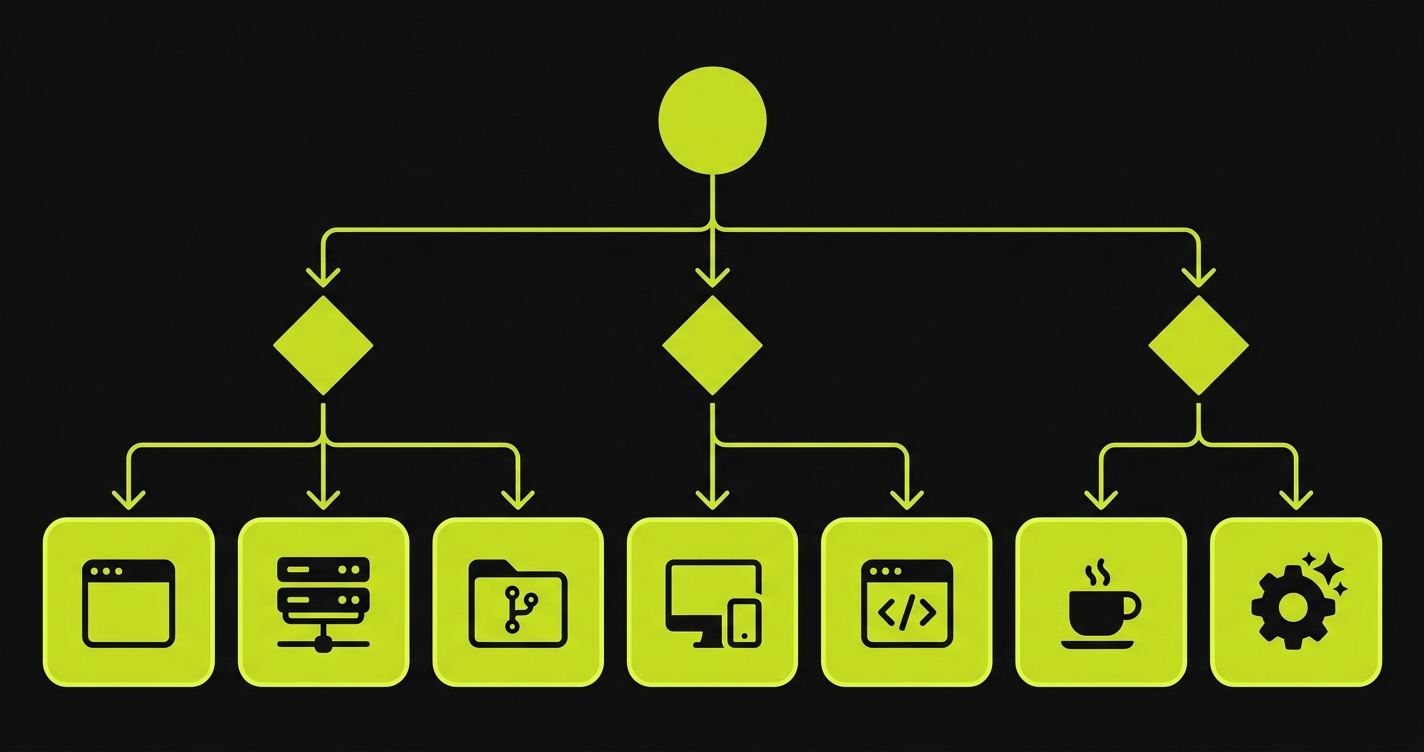 Decision tree diagram showing how different API testing tool categories branch from a central starting point into GUI-based and code-based approaches