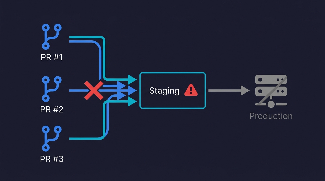 Three pull requests converging into a single shared staging environment, creating a bottleneck that blocks production deployments