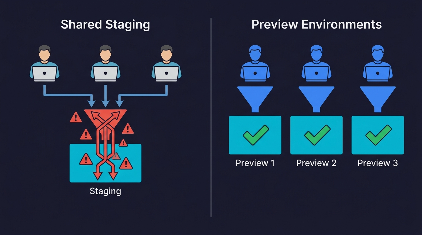 Comparison of shared staging where three developers funnel into one conflicted environment versus preview environments where each developer gets an isolated preview deployment