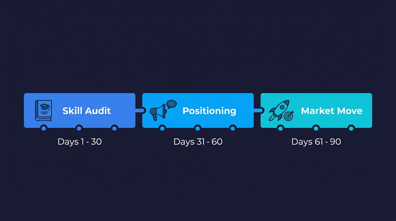 90-day action plan timeline showing three phases: Skill Audit in days 1 to 30, Positioning in days 31 to 60, and Market Move in days 61 to 90
