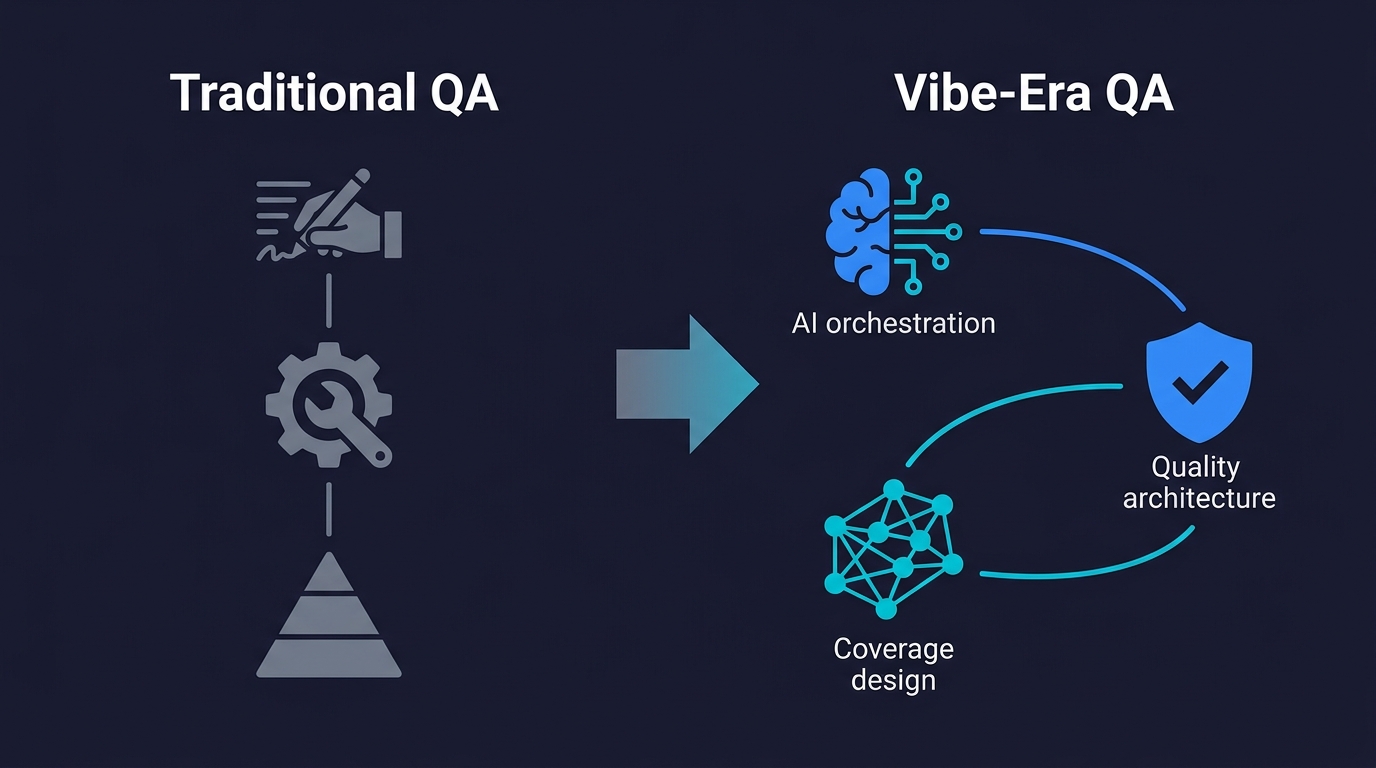 Comparison diagram showing the evolution from Traditional QA with manual scripting and test pyramids to Vibe-Era QA with AI orchestration, quality architecture, and coverage design